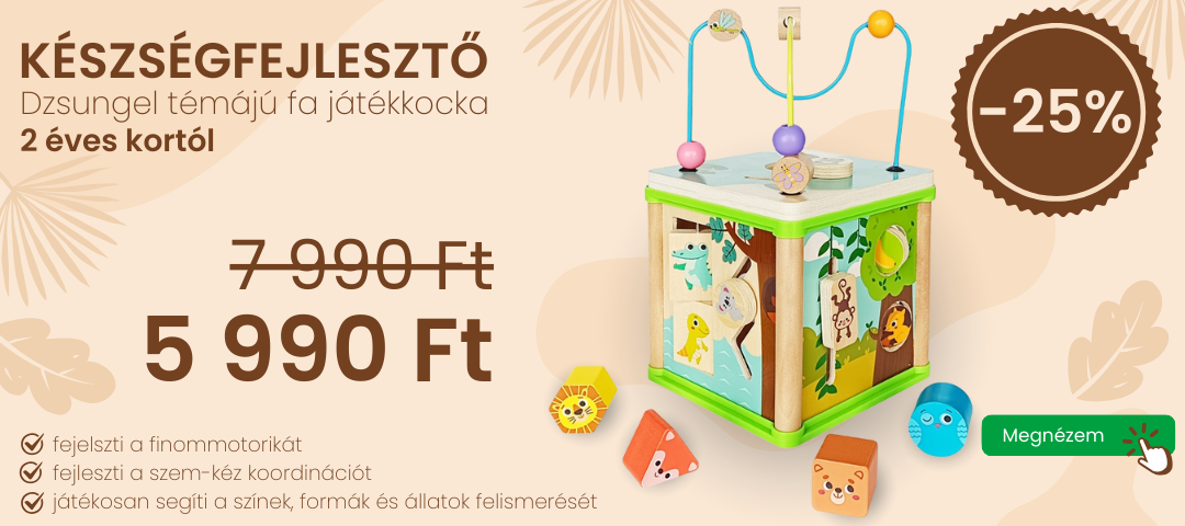 5 játék egyben - dzsungel témájú készségfejlesztő fa játékkocka