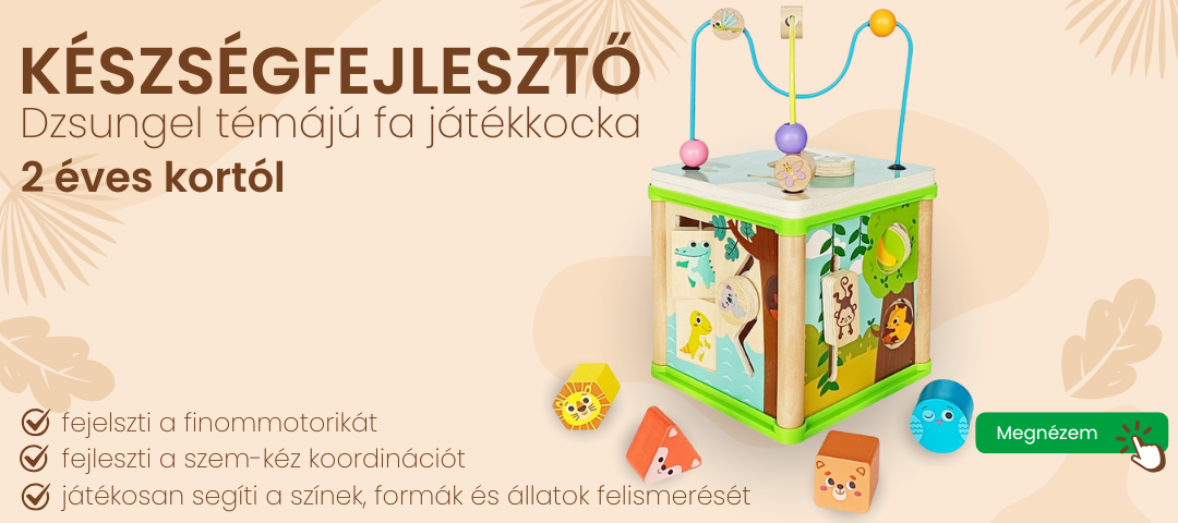 5 játék egyben - dzsungel témájú készségfejlesztő fa játékkocka
