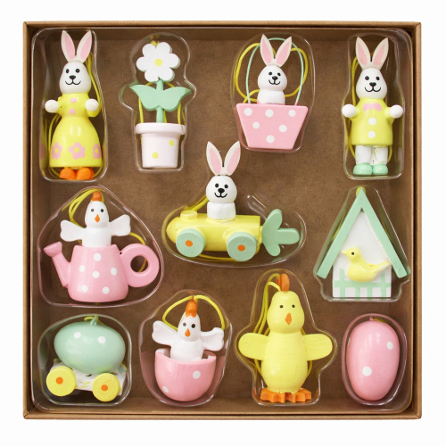 Húsvéti dekorációs figura, akasztós - 11 db-os (nyuszi, csibe, tojás)