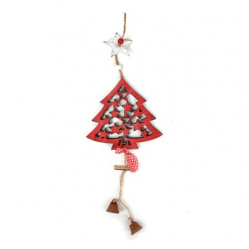 Dekorációs figura, fenyőfa lógó haranggal (piros) 45 cm
