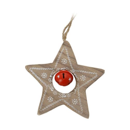 Karácsonyfadísz fából (lyukas csillag piros csengővel)