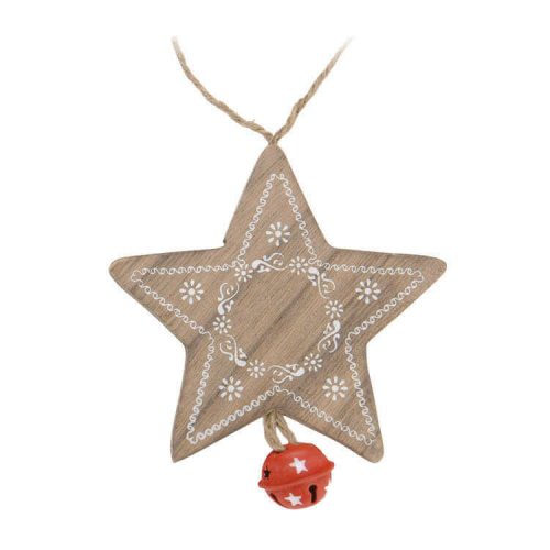 Karácsonyfadísz fából (csillag piros csengővel)