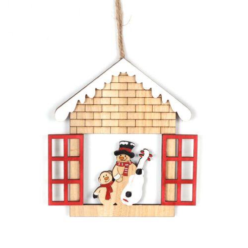 Karácsonyi dekoráció (házikóban maci, hóember, piros ablakkal)