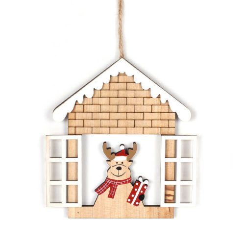 Karácsonyi dekoráció (házikóban rénszarvas, fehér ablakkal)
