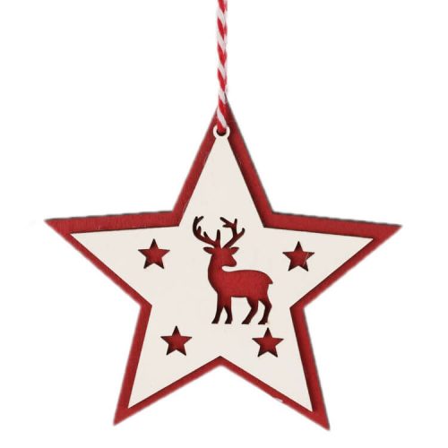 Karácsonyfadísz (piros-fehér csillagban rénszarvas nagy csillagokkal)
