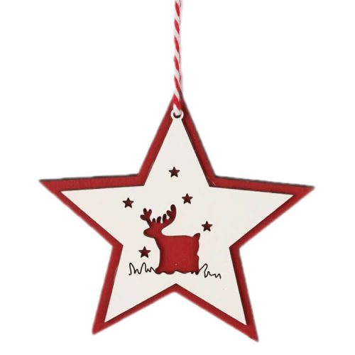 Karácsonyfadísz (piros-fehér csillagban rénszarvas kis csillagokkal)