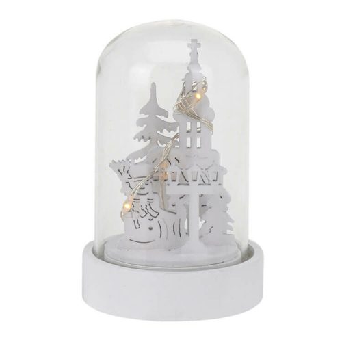 Dekoráció üvegbúrában, fehér (templom hóemberrel, LED fűzérrel)  -  vásároljon online minőségi fajátékokat