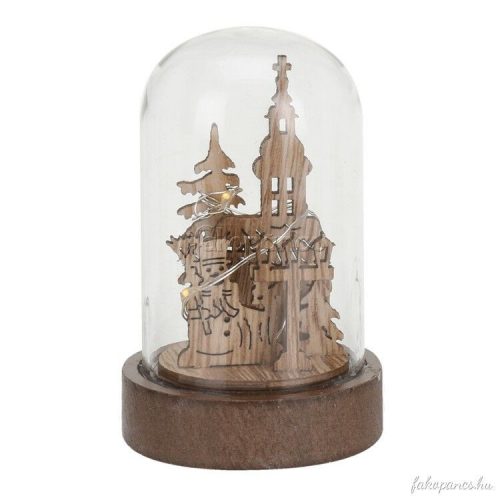 Dekoráció üvegbúrában, barna (templom hóemberrel, LED fűzérrel)  -  vásároljon online minőségi fajátékokat