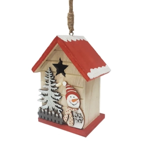 Dekorációs házikó piros tetővel (fenyőfa hóemberrel)  -  vásároljon online minőségi fajátékokat