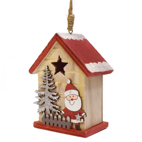 Dekorációs házikó piros tetővel (fenyőfa Mikulással)  -  vásároljon online minőségi fajátékokat