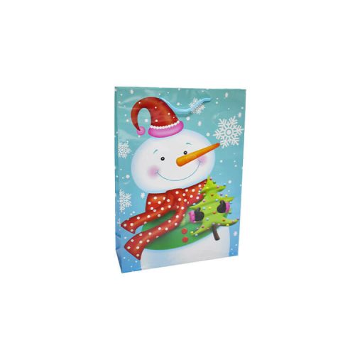 Ajándéktasak - mini (kék alapon hóember piros sapkával és karácsonyfával)