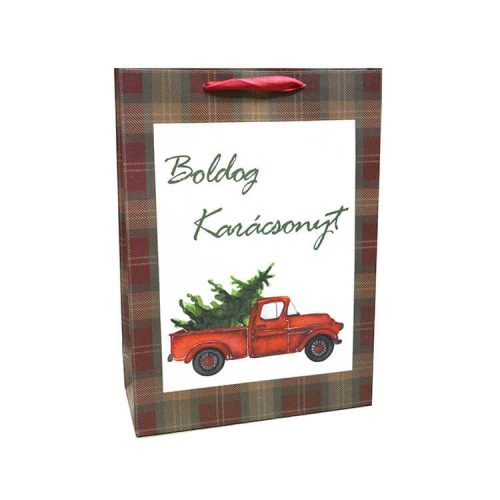 Ajándéktasak - kicsi (piros pick up autó karácsonyfával és karácsonyi köszöntéssel)