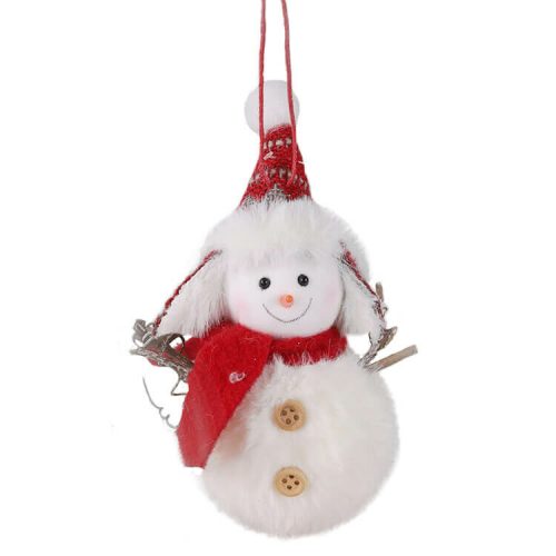 Karácsonyi dekoráció (plüss hóember piros sállal és fülvédős sapkával)