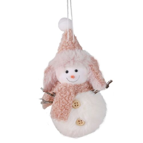Karácsonyi dekoráció (plüss hóember rózsaszín sállal és fülvédős sapkával)
