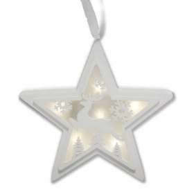 Dekorációs figura (fehér csillag rénszarvassal és hópihékkel, LED világítással)  -  vásároljon online minőségi fajátékokat