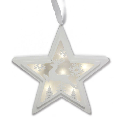 Dekorációs figura (fehér csillag rénszarvassal és hópihékkel, LED világítással)  -  vásároljon online minőségi fajátékokat