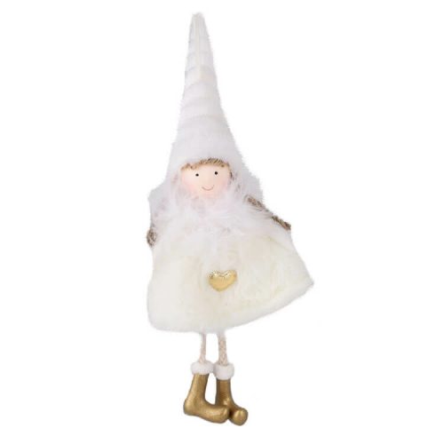 Karácsonyi dekoráció (szőrme ruhás angyal arany szívvel és hosszú fehér sapkával)  -  vásároljon online minőségi fajátékokat