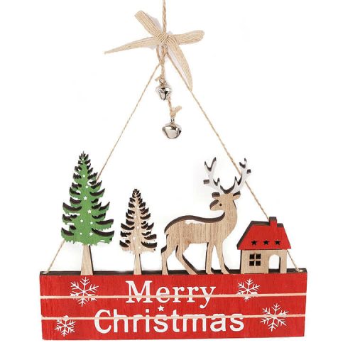 Ajtódísz (Merry Christmas felirat piros tetős házikóval, rénszarvassal)