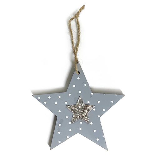 Dekorációs figura (szürke csillag, fehér pöttyökkel, ezüst csillámos csillaggal középen)