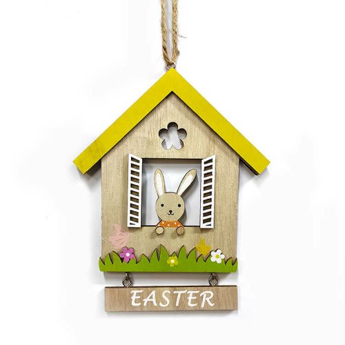 Húsvéti dekorációs figura (sárga tetős, natúr színű házikó fehér ablakban nyuszival)  -  vásároljon online minőségi fajátékokat