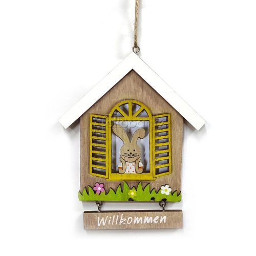 Húsvéti dekorációs figura (fehér tetős, natúr színű házikó sárga ablakban nyuszival)