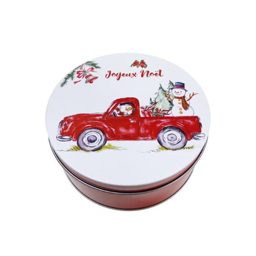 Karácsonyi fém díszdoboz, kör alapú, mini (piros Pick-up hóemberrel)