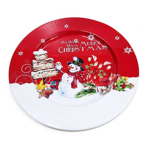 Karácsonyi tálaló tál, 33 cm-es (piros-fehér alapon hóember karácsonyi dekorációval)
