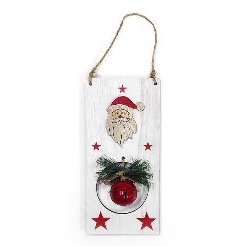 Karácsonyi dekoráció, ajtódísz (fehér fa táblán Mikulás piros csengettyűvel)