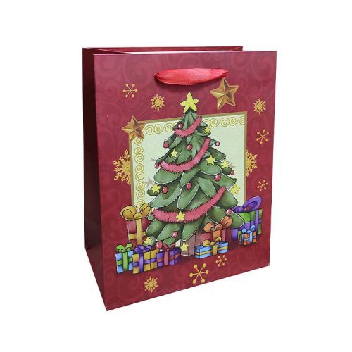 Ajándéktasak - kicsi (piros alapon karácsonyfa ajándékokkal, sárga csillagokkal)