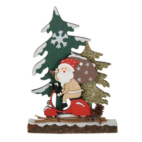 Karácsonyi dekoráció (piros robogós Mikulás és fenyőfák)