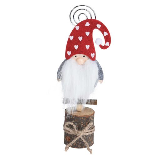 Karácsonyi dekorációs figura (farönkön fehér szivecskés, piros sapkás Mikulás)
