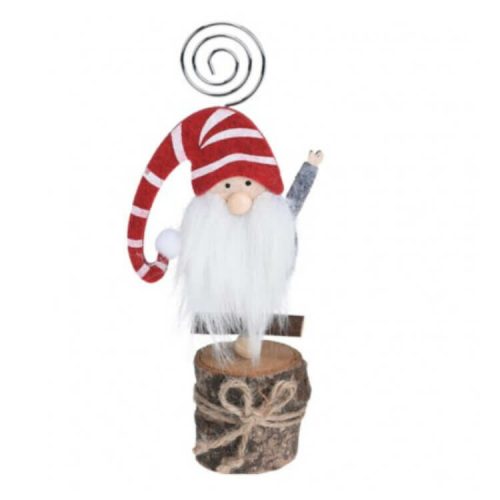 Karácsonyi dekorációs figura (farönkön fehér csíkos, piros sapkás Mikulás)  -  vásároljon online minőségi fajátékokat