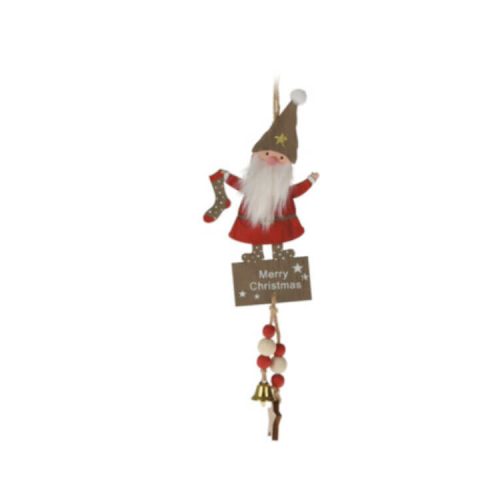 Karácsonyi dekorációs figura (Mikulás csillagos sapkában, kezében zokni)