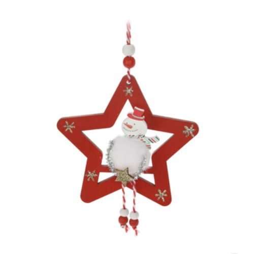 Karácsonyi dekorációs figura (Hóember fehér ruhában arany színű csillaggal, piros csillagban)  -  vásároljon online minőségi fajátékokat