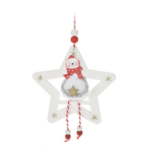 Karácsonyi dekorációs figura (Jegesmedve piros sállal, fehér ruhában arany színű csillaggal, fe