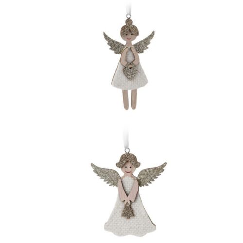 Karácsonyi dekorációs figura, 2 db-os angyal (fehér ruhában arany színű csillámpor díszítéssel)