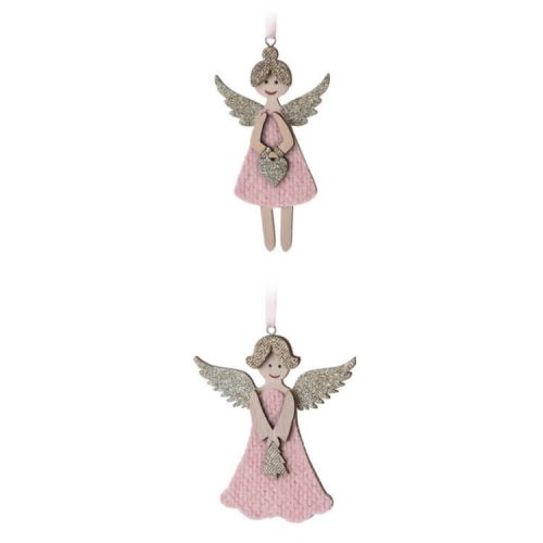 Karácsonyi dekorációs figura, 2 db-os angyal (rózsaszín ruhában arany színű csillámpor díszítés