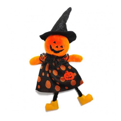 Halloween dekorációs figura (sütőtök boszorkány fekete kalapban és ruhában)