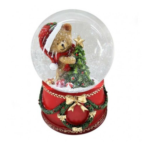Hógömb, nagy piros (maci piros sapkában, Karácsonyi zenével)  -  vásároljon online minőségi fajátékokat