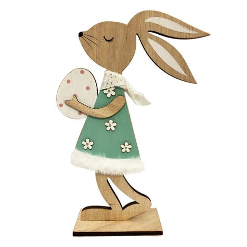 Húsvéti dekorációs figura (nyuszi zöld ruhában, fehér tojás kezében)  -  vásároljon online minőségi fajátékokat