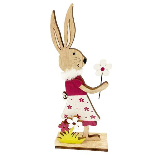 Húsvéti dekorációs figura (nyuszi lány virág mintás szoknyában, virágokkal, natúr-pink)