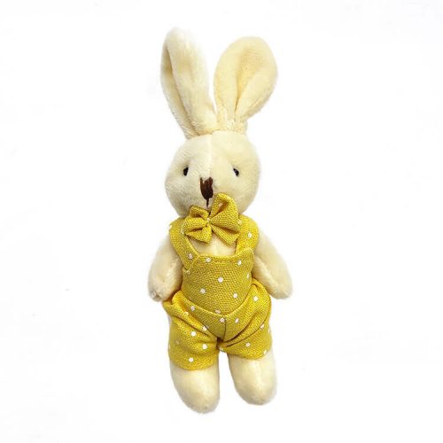 Plüss húsvéti nyuszi bézs színben (fiú, fehér pöttyös sárga ruhában)  -  vásároljon online minőségi fajátékokat