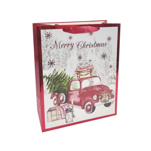 Ajándéktasak - kicsi (piros pick up autó karácsonyfával, háttérben havas táj)