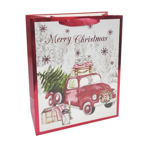 Ajándéktasak - közepes (piros pick up autó karácsonyfával, háttérben havas táj)