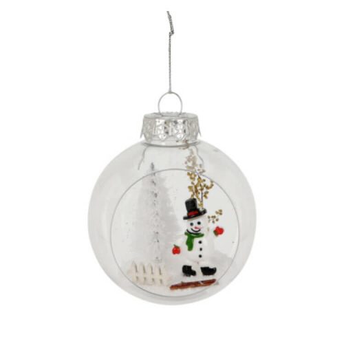 Karácsonyfadísz (átlátszó gömbben fehér karácsonyfa hóemberrel, száraz kóróval)