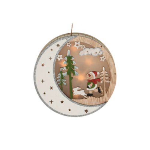 Karácsonyi dekoráció LED világítással (fehér Hold hóemberrel és fehér nyuszival)
