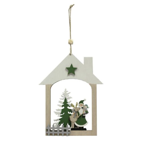 Karácsonyi dekoráció (fehér tetejű házikóban hóember és fenyőfa)