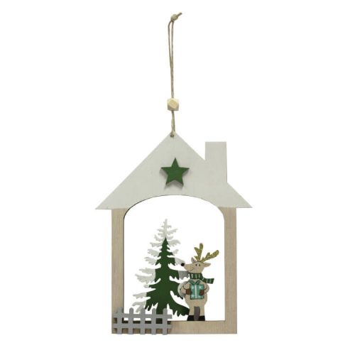 Karácsonyi dekoráció (fehér tetejű házikóban rénszarvas és fenyőfa)