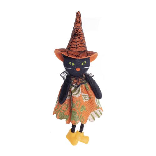 Halloween dekorációs figura (fekete macska, barna kalapban)