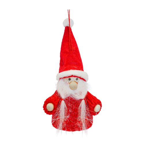 Karácsonyfadísz (manó, kötött piros ruhában, copfos szakállal)